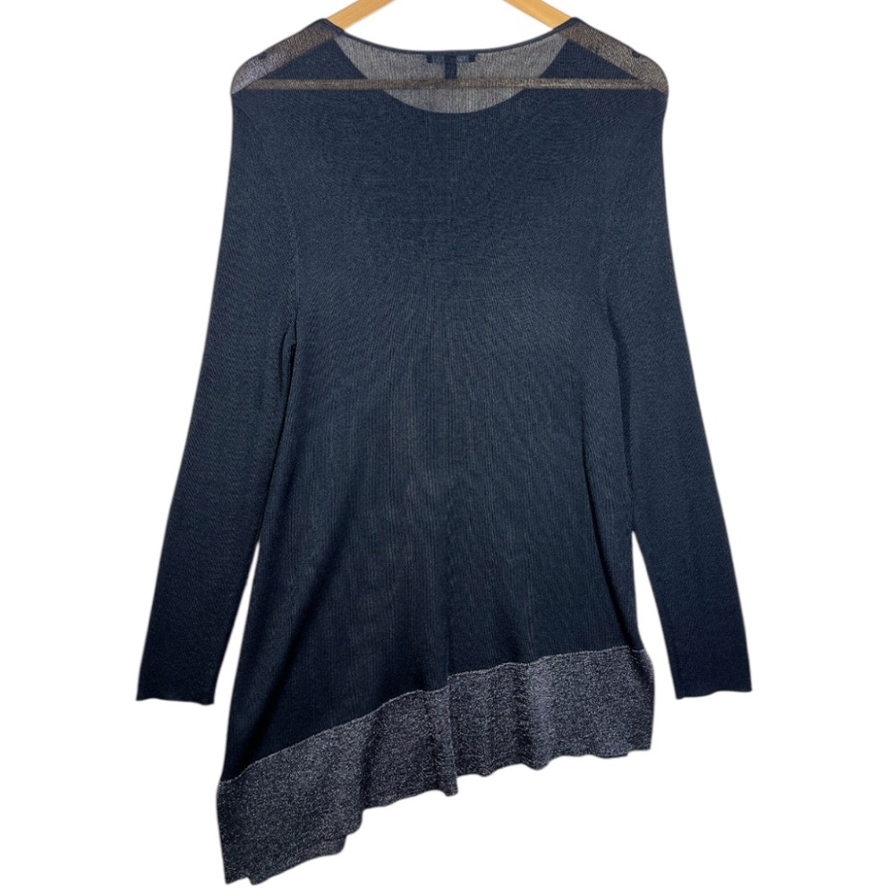 Eileen Fisher Tunic Blouse Metallic Mesh Size Petite Large Black Silver Long